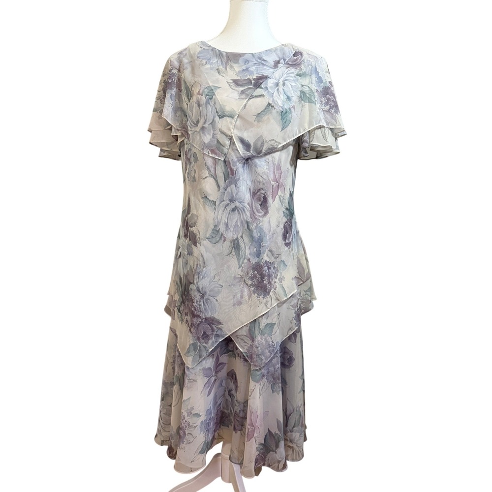 VTG 80s Patra Floral Midi Dress Womens 10 Lavender Tiered Layered Chiffon USA